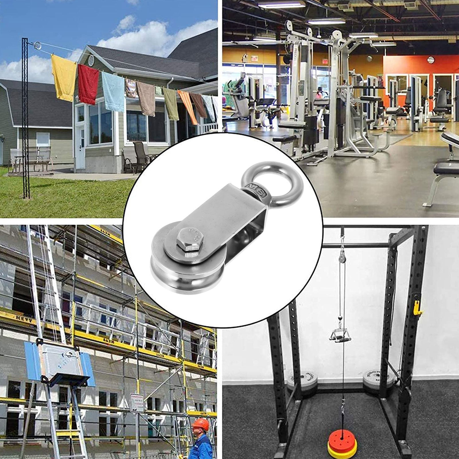 Heavy Equipment Lift - ステンレス製U字型リング、頑丈なケーブルホイール。ジム用具の吊り上げ、洗濯ロープの滑車として使用可能。錆びにくく、耐久性に優れたワイヤーロープ。